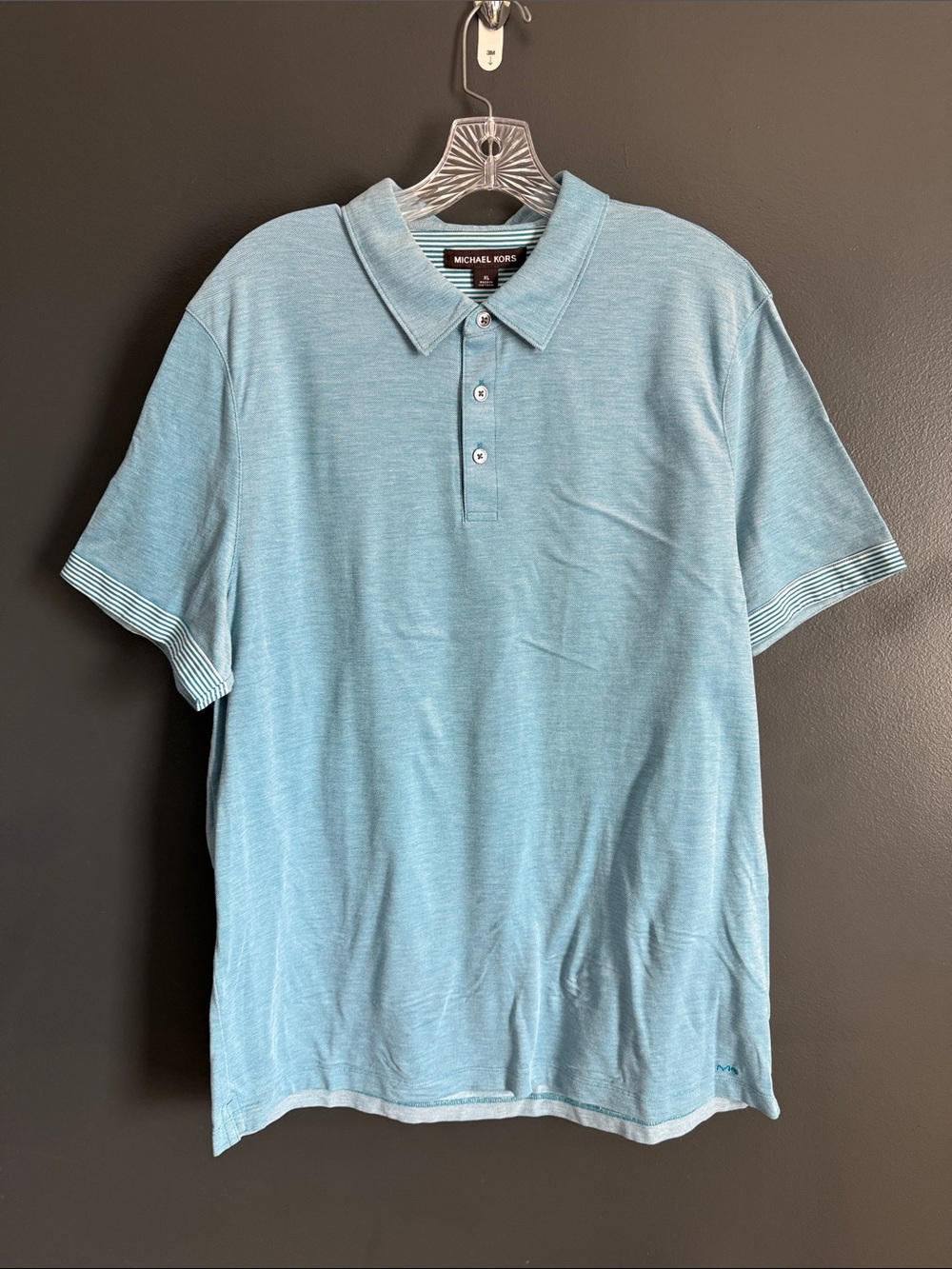 Michael Kors Men’s Light Blue Polo with Contrast Striped Sleeve Cuffs